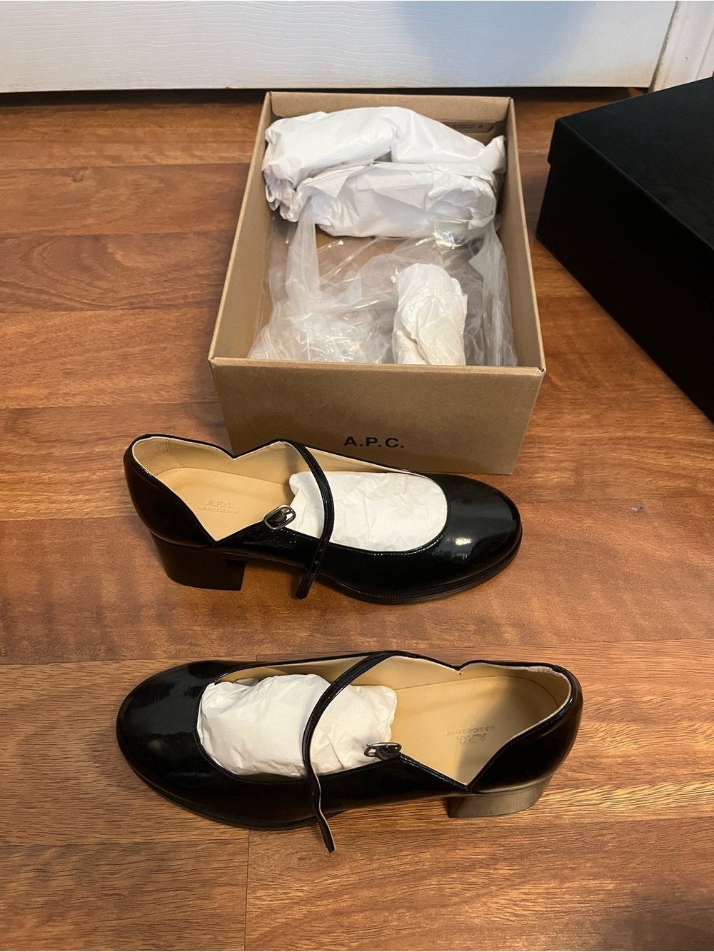 A.P.C. Black Patent Mary Jane Block Heel Pumps